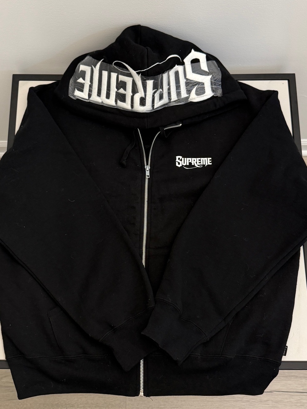 Supreme Black Zip-Up Hoodie with White Logo